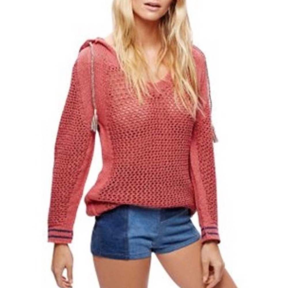 Free People Shadow Stripe Salmon Crochet Hoodie Size S